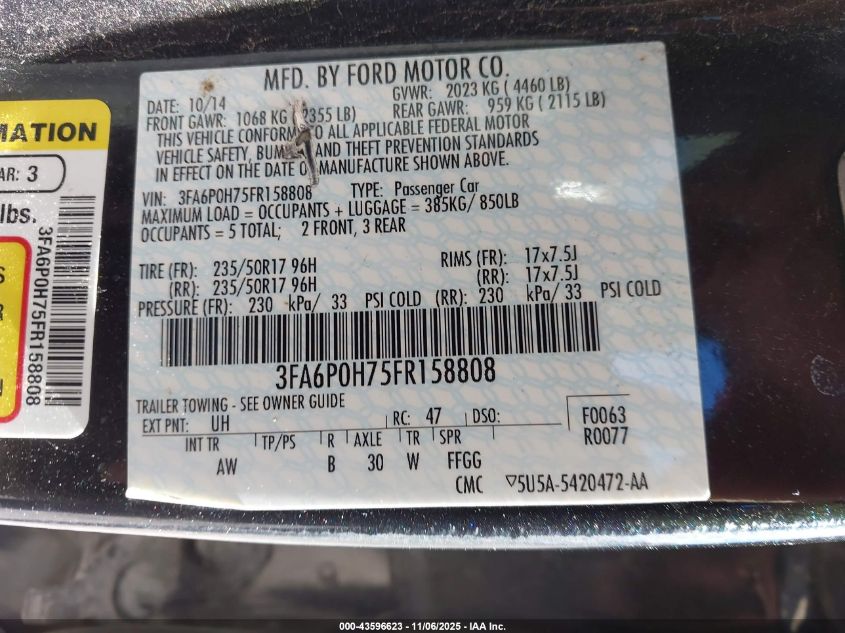 2015 Ford Fusion Se VIN: 3FA6P0H75FR158808 Lot: 43596623