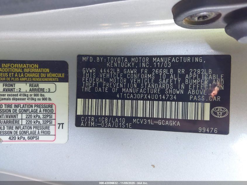 2004 Toyota Camry Solara Se/Sle VIN: 4T1CA30PX4U014734 Lot: 43596632