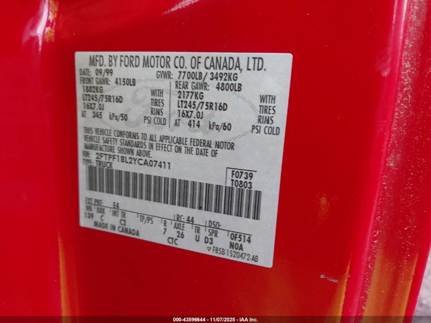 2000 Ford F-150 Work Series/Xl/Xlt VIN: 2FTPF18L2YCA07411 Lot: 43596644
