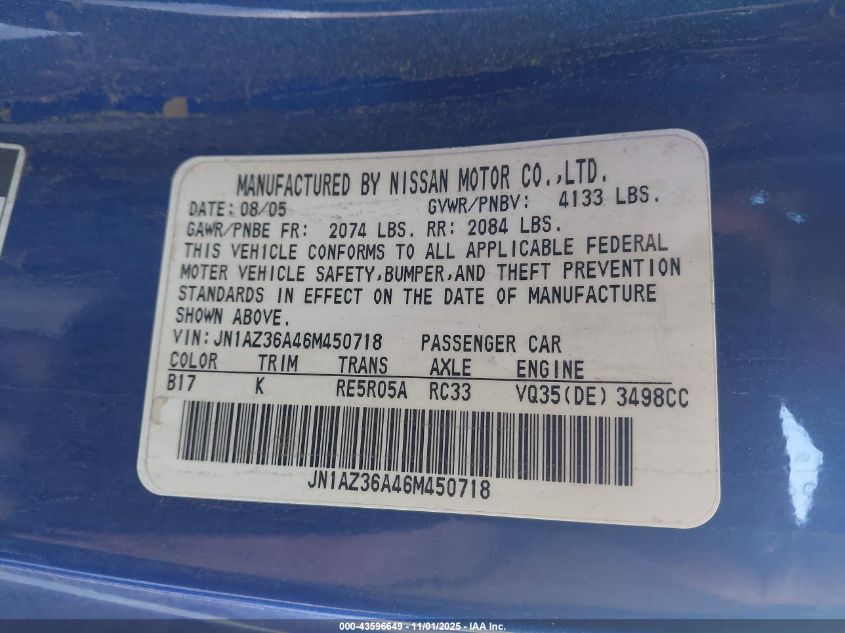 2006 Nissan 350Z Touring VIN: JN1AZ36A46M450718 Lot: 43596649