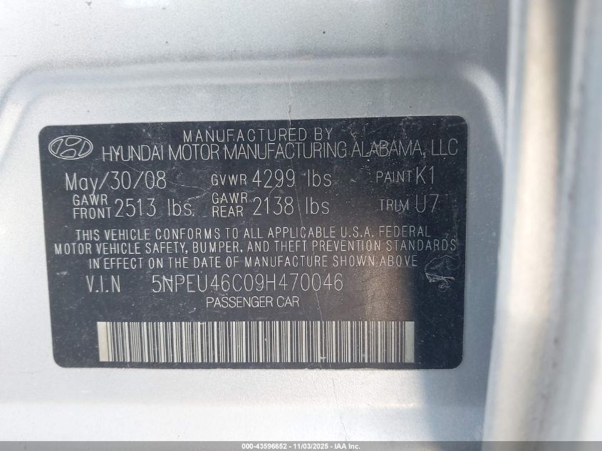 2009 Hyundai Sonata Limited VIN: 5NPEU46C09H470046 Lot: 43596652