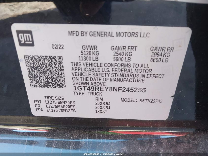 2022 GMC Sierra 2500Hd 4Wd Standard Bed Denali VIN: 1GT49REY8NF245255 Lot: 43596656