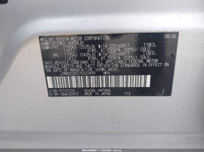 2007 Toyota Rav4 VIN: JTMZD33V275032899 Lot: 43596687