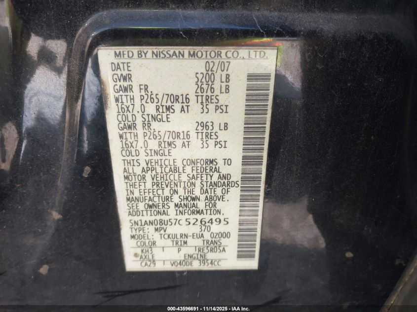 2007 Nissan Xterra S VIN: 5N1AN08U57C526495 Lot: 43596691