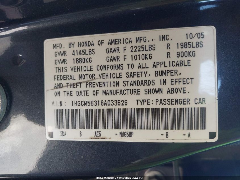 2006 Honda Accord 2.4 Ex VIN: 1HGCM56896A129502 Lot: 43596706