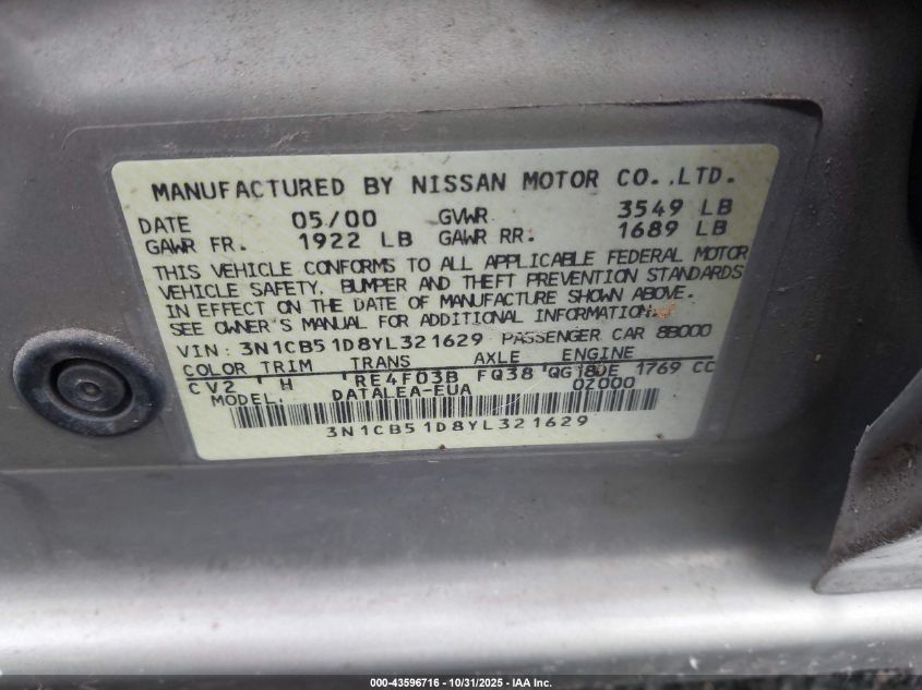 2000 Nissan Sentra Gxe/Xe VIN: 3N1CB51D8YL321629 Lot: 43596716