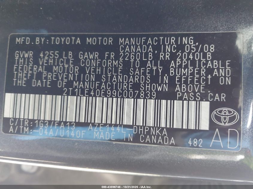 2009 Toyota Matrix S VIN: 2T1LE40E99C007839 Lot: 43596746