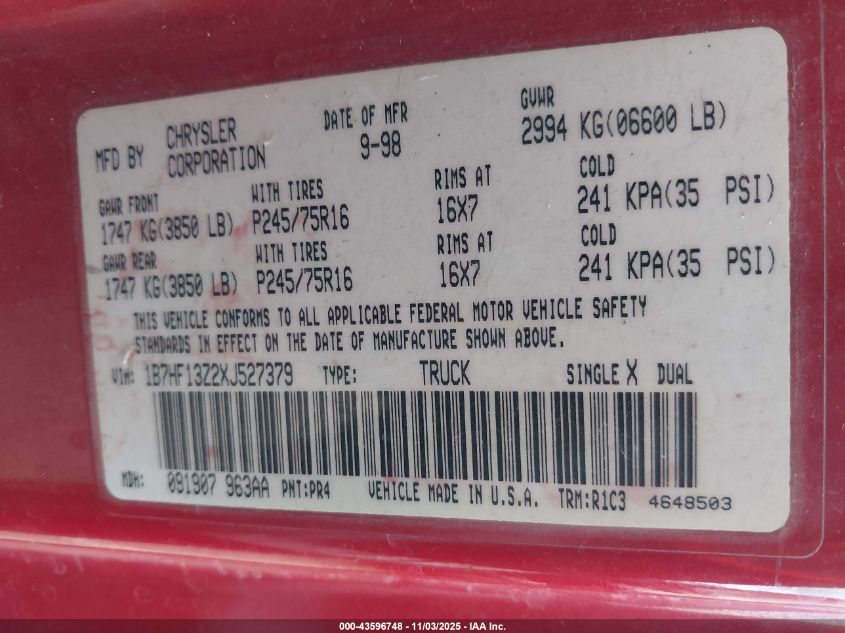 1999 Dodge Ram 1500 St VIN: 1B7HF13Z2XJ527379 Lot: 43596748