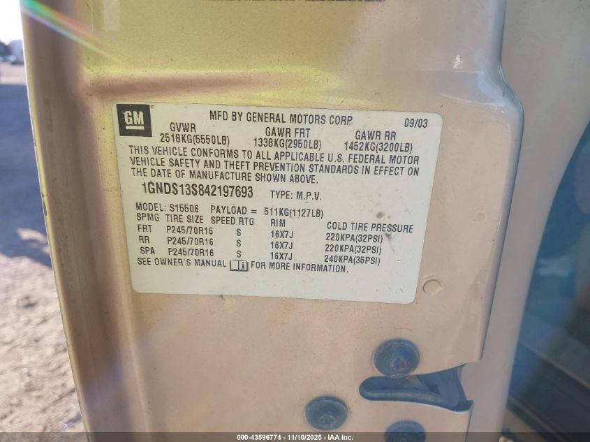 2004 Chevrolet Trailblazer Ls VIN: 1GNDS13S842197693 Lot: 43596774