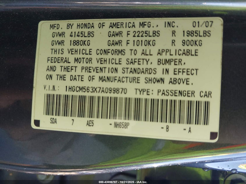 1HGCM563X7A099870 2007 HONDA ACCORD photo no. 9
