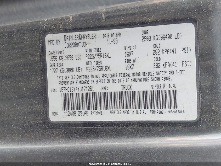 1B7HC13Y4YJ171261 2000 DODGE RAM photo no. 9