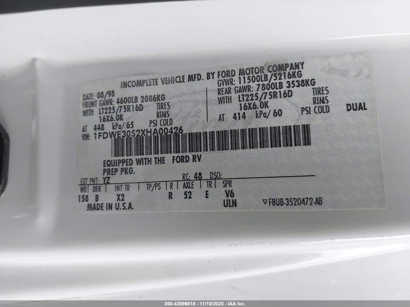 1999 Ford Econoline E350 Super Duty Ctwy V Rv VIN: 1FDWE30S2XHA00426 Lot: 43596818
