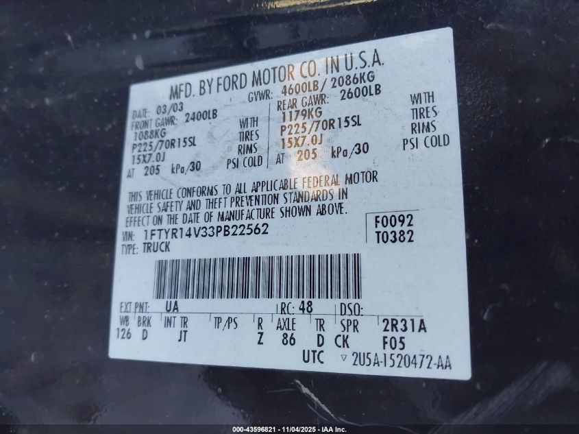 2003 Ford Ranger Edge/Tremor/Xl/Xlt VIN: 1FTYR14V33PB22562 Lot: 43596821