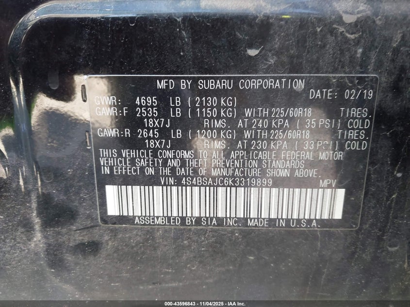 2019 SUBARU OUTBACK 2.5I LIMITED 4S4BSAJC6K3319899