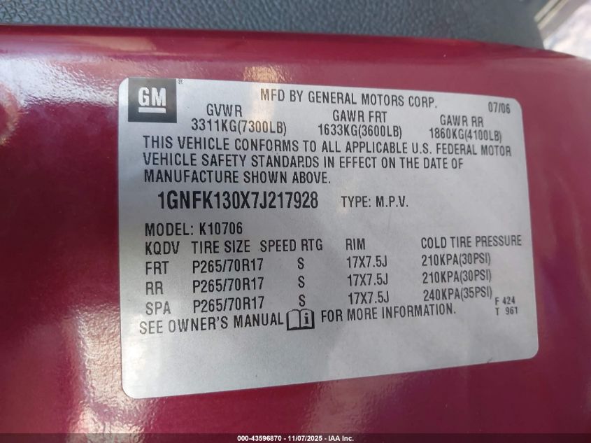 2007 Chevrolet Tahoe Lt VIN: 1GNFK130X7J217928 Lot: 43596870