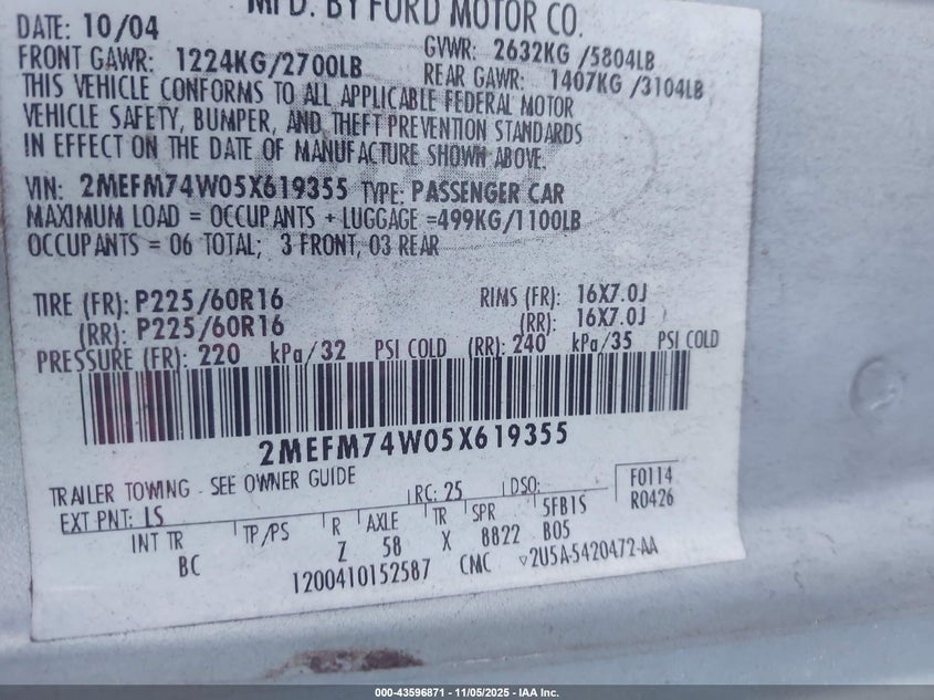 2005 Mercury Grand Marquis Gs VIN: 2MEFM74W05X619355 Lot: 43596871