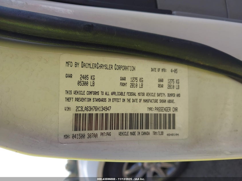 2006 Chrysler 300C VIN: 2C3LA63H76H134947 Lot: 43596888