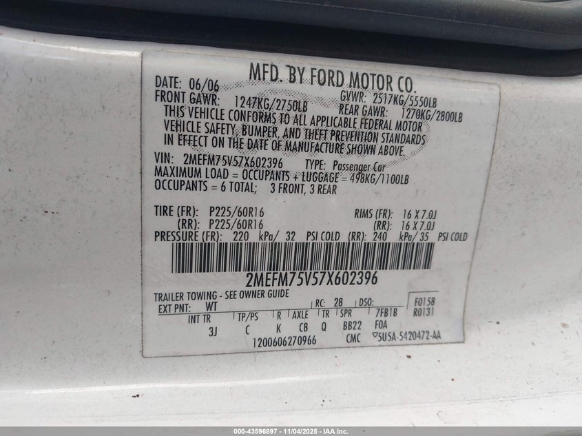 2007 Mercury Grand Marquis Ls VIN: 2MEFM75V57X602396 Lot: 43596897