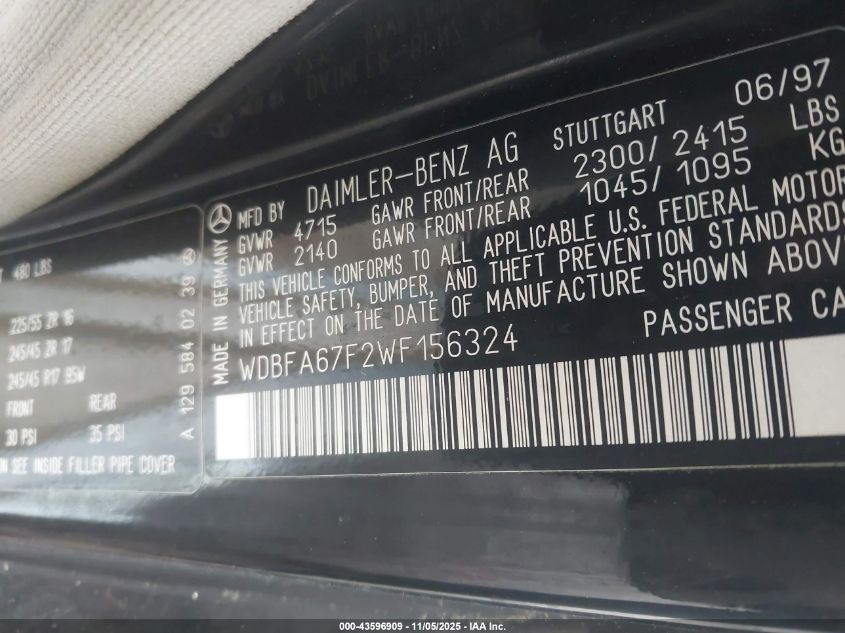 1998 Mercedes-Benz Sl 500 VIN: WDBFA67F2WF156324 Lot: 43596909