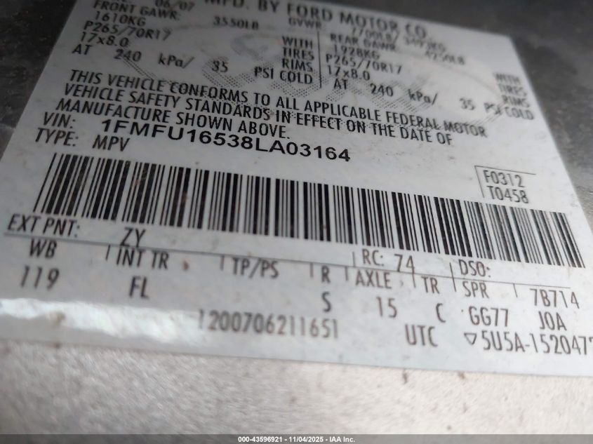 2008 Ford Expedition Xlt VIN: 1FMFU16538LA03164 Lot: 43596921