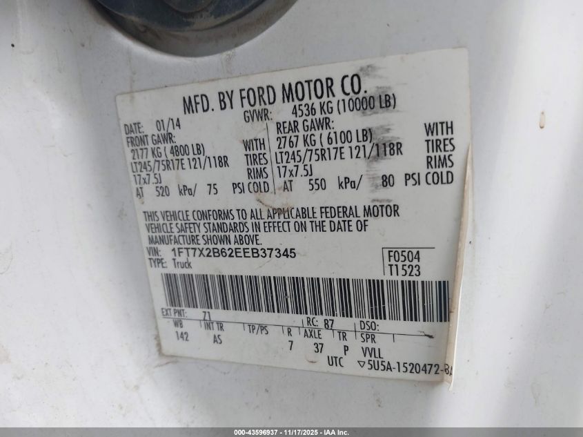 2014 Ford F-250 Xl VIN: 1FT7X2B62EEB37345 Lot: 43596937