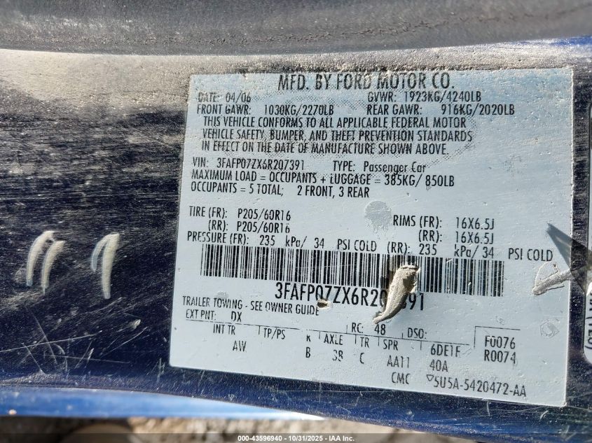 2006 Ford Fusion Se VIN: 3FAFP07ZX6R207391 Lot: 43596940