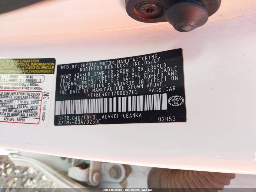 2007 Toyota Camry Le VIN: 4T4BE46K17R003763 Lot: 43596946