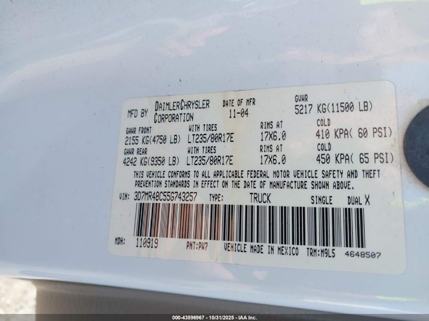 2005 Dodge Ram 3500 Slt/Laramie VIN: 3D7MR48C55G743257 Lot: 43596967