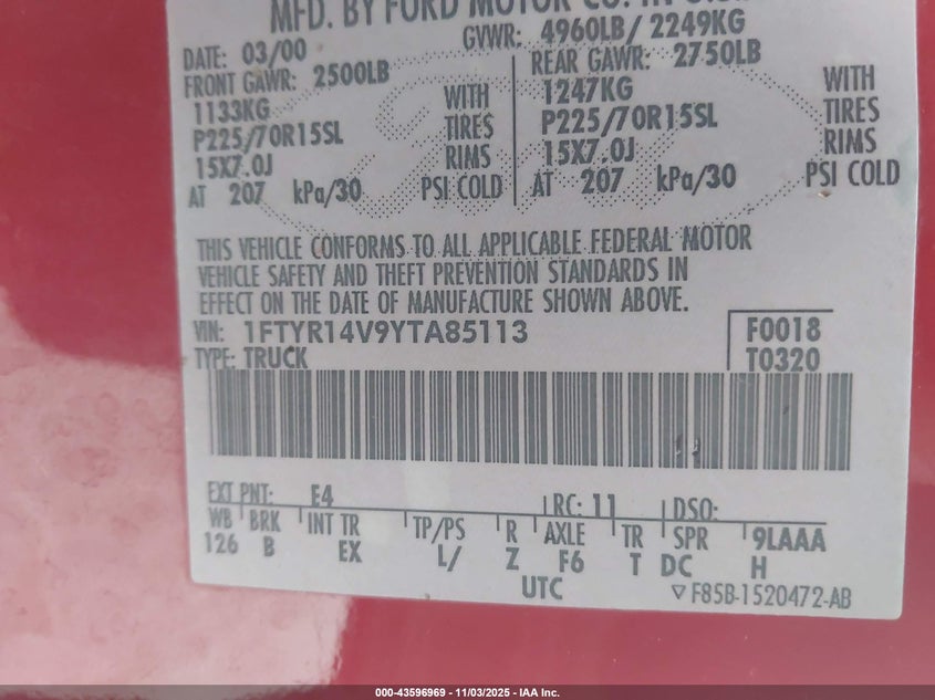 2000 Ford Ranger Xl/Xlt VIN: 1FTYR14V9YTA85113 Lot: 43596969