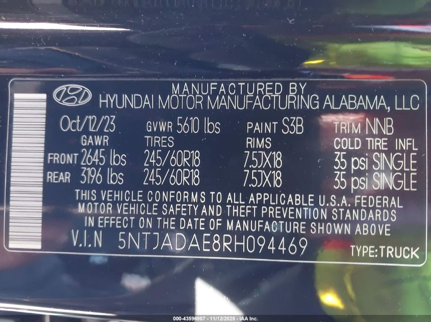 2024 Hyundai Santa Cruz Se VIN: 5NTJADAE8RH094469 Lot: 43596987