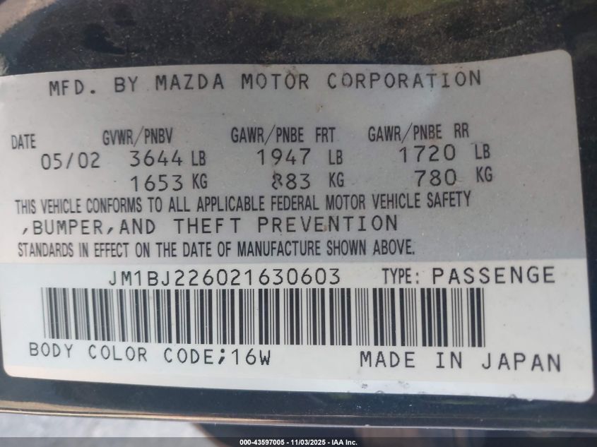 2002 Mazda Protege Dx/Es/Lx VIN: JM1BJ226021630603 Lot: 43597005