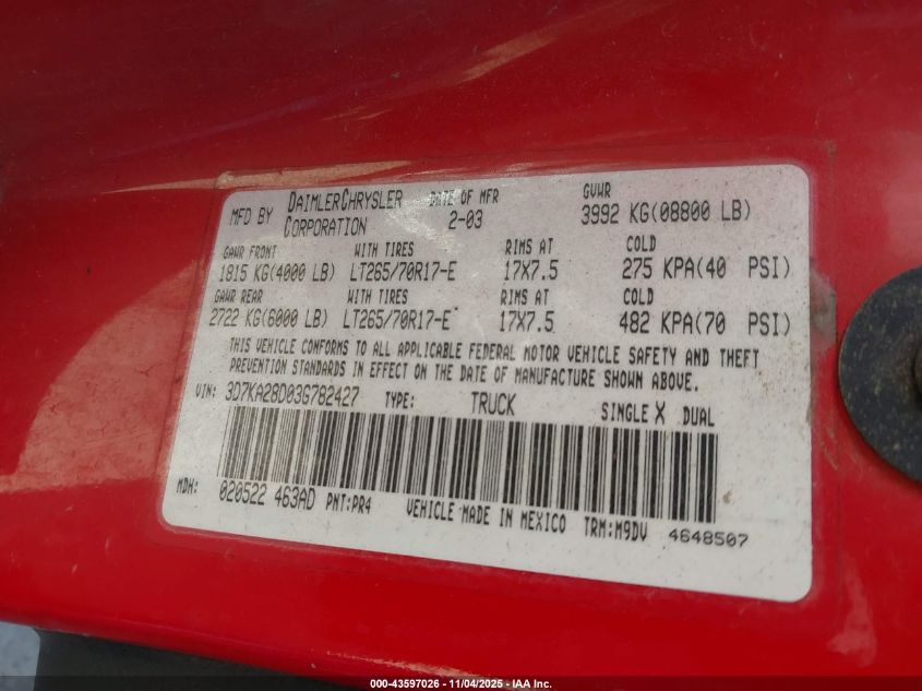 2003 Dodge Ram 2500 Slt/Laramie/St VIN: 3D7KA28D03G782427 Lot: 43597026