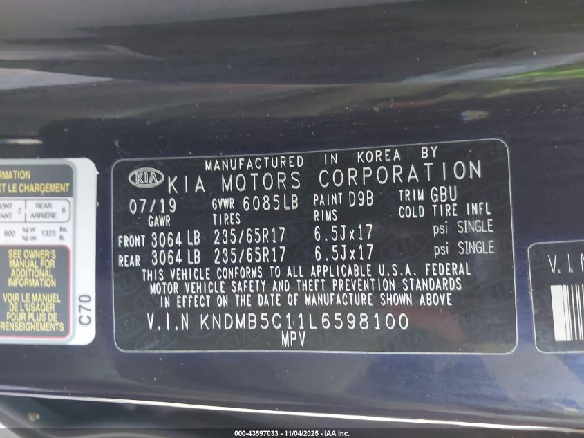 2020 Kia Sedona Lx VIN: KNDMB5C11L6598100 Lot: 43597033