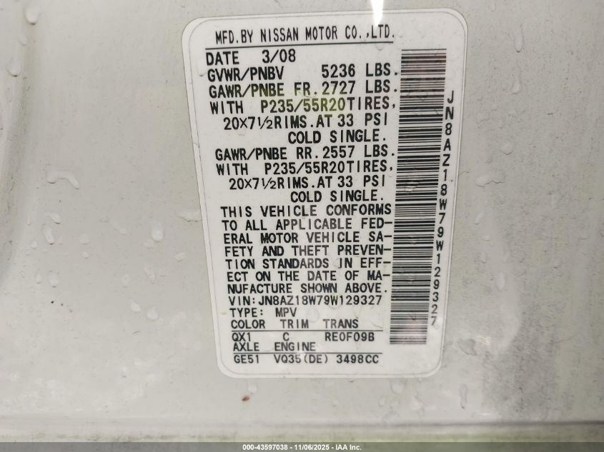 2009 Nissan Murano Le VIN: JN8AZ18W79W129327 Lot: 43597038