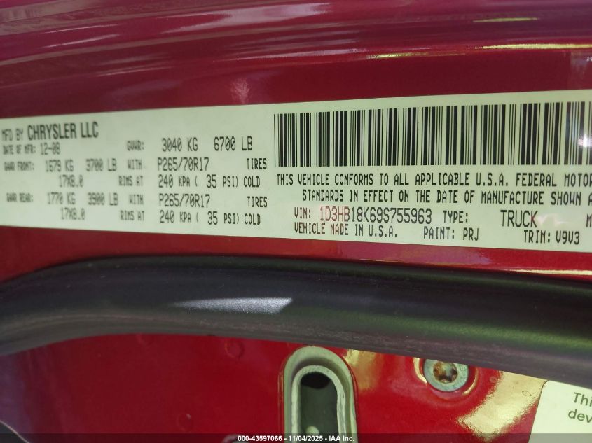 2009 Dodge Ram 1500 St VIN: 1D3HB18K69S755963 Lot: 43597066
