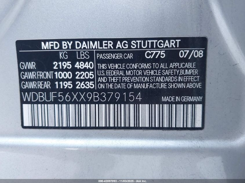 2009 Mercedes-Benz E 350 VIN: WDBUF56XX9B379154 Lot: 43597093