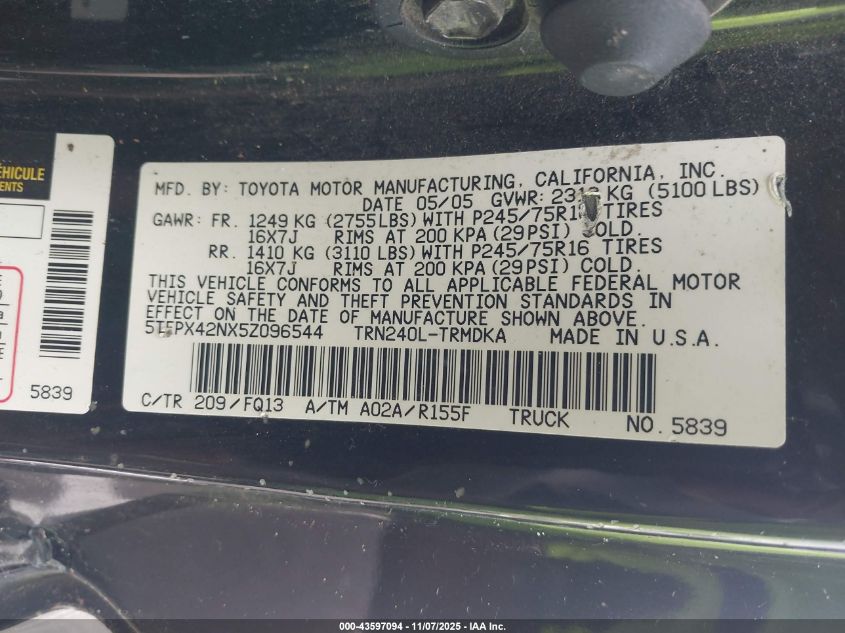 2005 Toyota Tacoma VIN: 5TEPX42NX5Z096544 Lot: 43597094