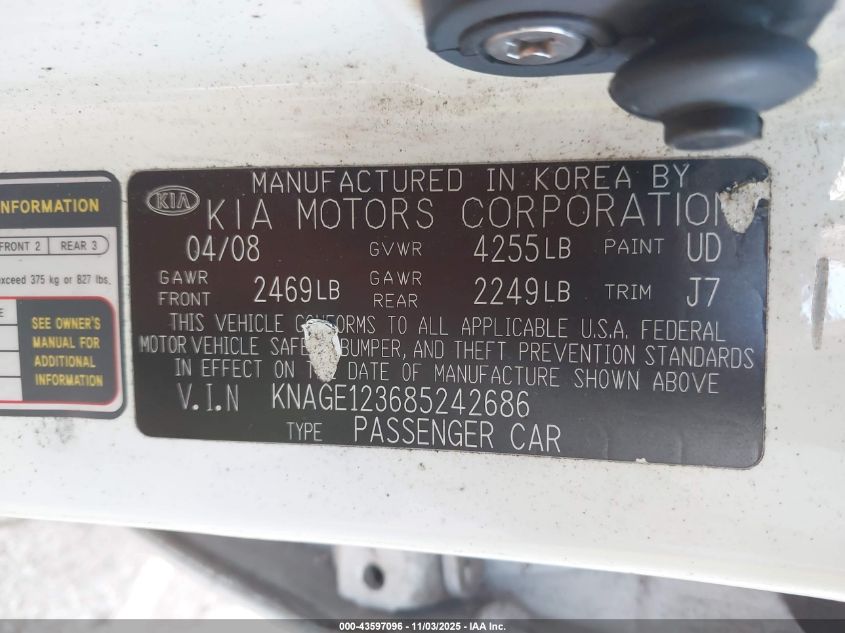 2008 Kia Optima Lx VIN: KNAGE123685242686 Lot: 43597096