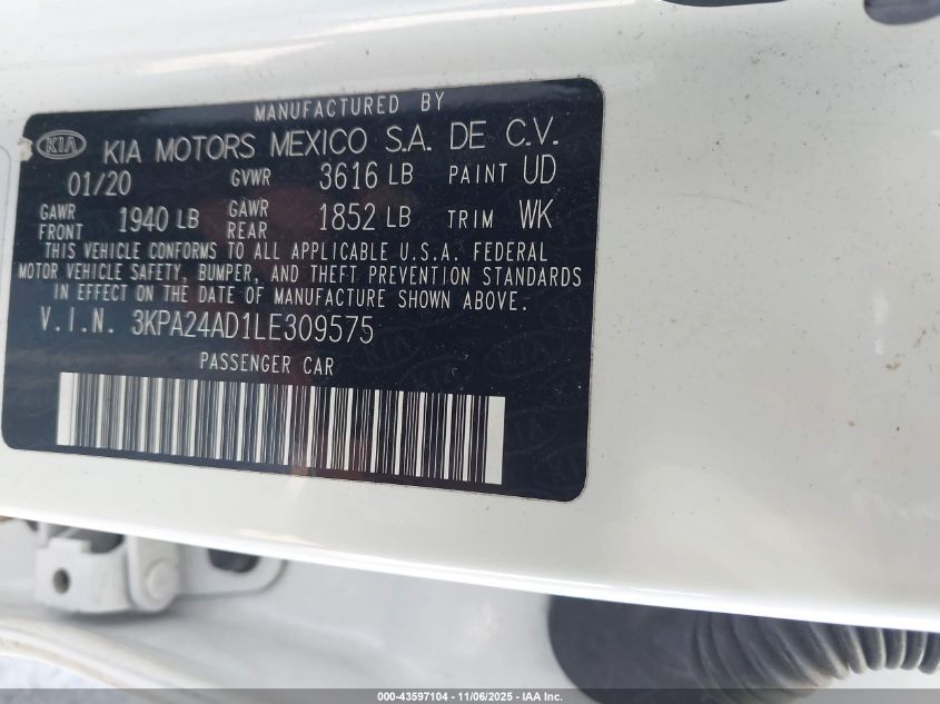 2020 Kia Rio S VIN: 3KPA24AD1LE309575 Lot: 43597104