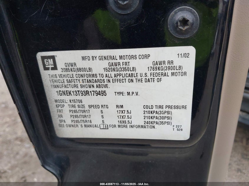 1GNEK13T93R179495 2003 CHEVROLET TAHOE photo no. 9