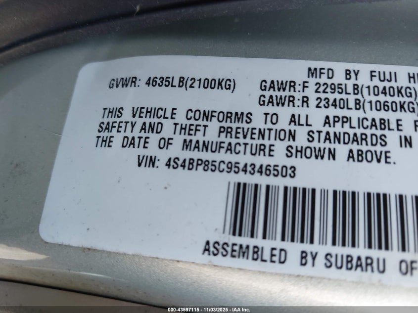 4S4BP85C954346503 2005 SUBARU OUTBACK photo no. 9