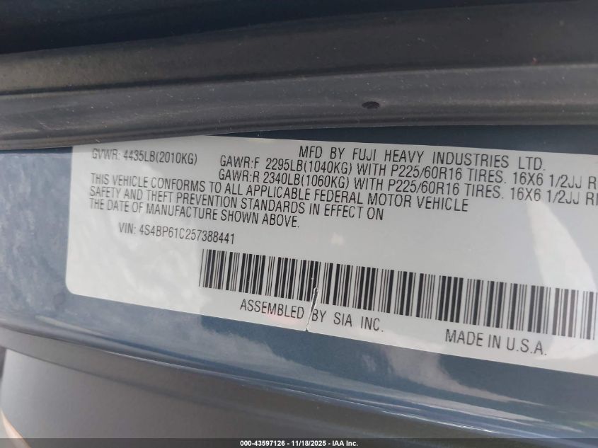 2005 Subaru Outback 2.5I VIN: 4S4BP61C257388441 Lot: 43597126