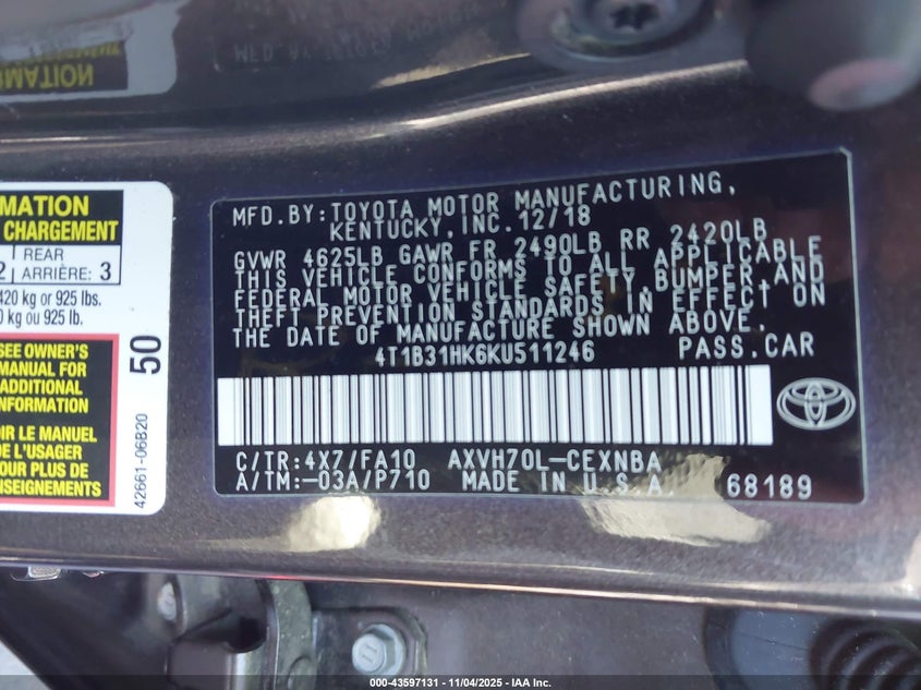 2019 TOYOTA CAMRY HYBRID LE 4T1B31HK6KU511246