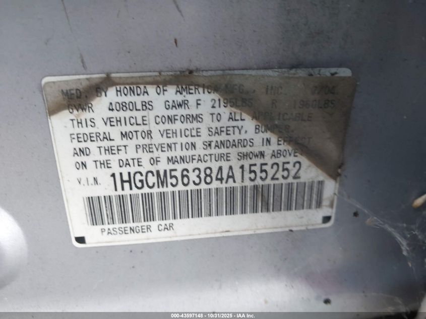 2004 Honda Accord 2.4 Lx VIN: 1HGCM56384A155252 Lot: 43597148