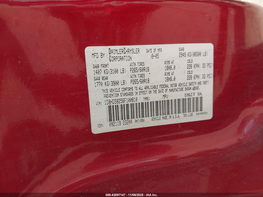 2006 Dodge Durango Limited VIN: 1D8HD58256F100810 Lot: 43597147