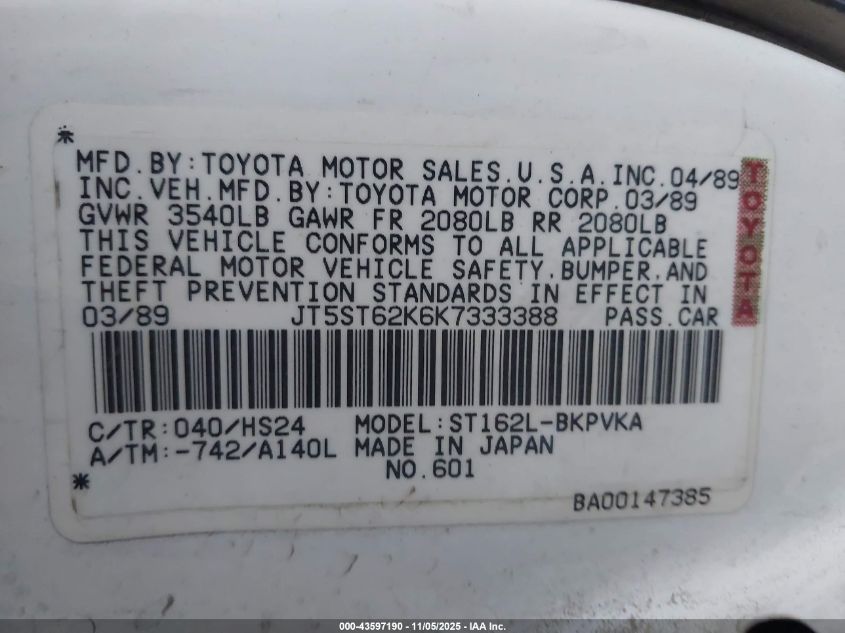 1989 Toyota Celica Gt VIN: JT5ST62K6K7333388 Lot: 43597190