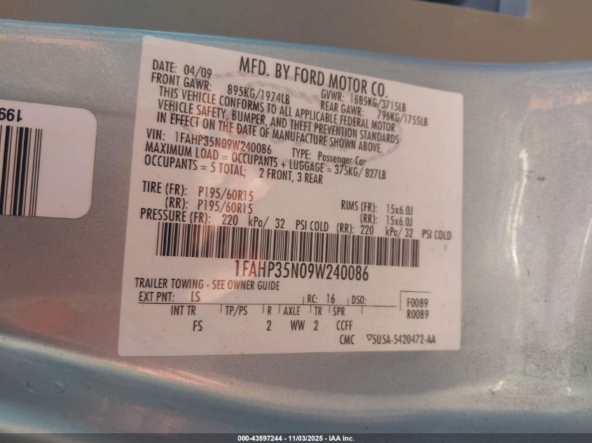 2009 Ford Focus Se VIN: 1FAHP35N09W240086 Lot: 43597244