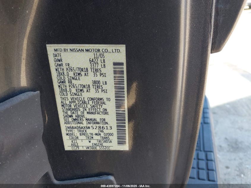 2006 Nissan Titan Se VIN: 1N6BA06AX6N528613 Lot: 43597284