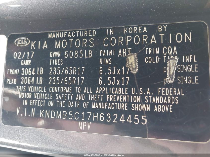2017 Kia Sedona Lx VIN: KNDMB5C17H6324455 Lot: 43597288