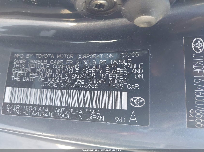 2006 Scion Tc VIN: JTKDE167460078666 Lot: 43597297